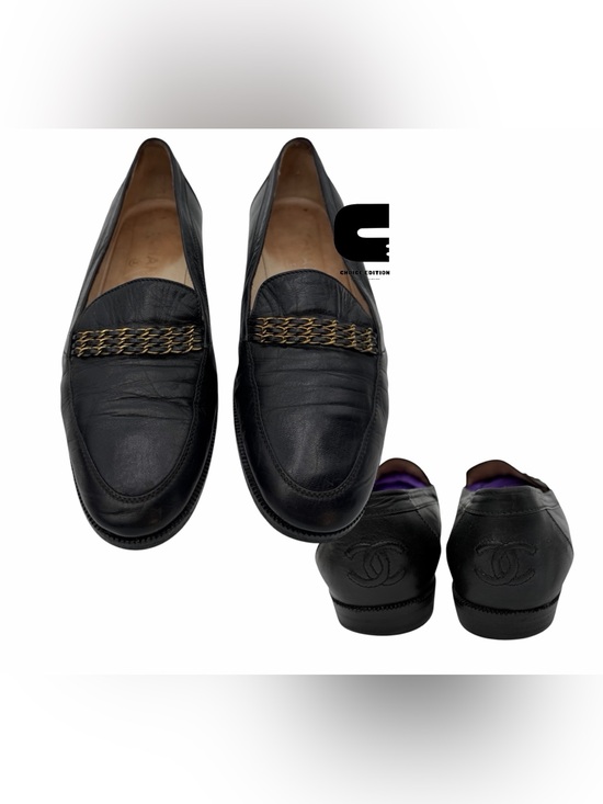 CHANEL Shoes - Vintage Chanel Classic Leather CC Chain Slip On Loafers - Size 38 1/2